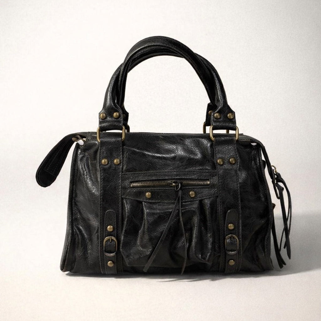 CLAUDIA BAG MEDIA-Borsa in Vera Pelle Vintage con Borchie e Dettagli Oro