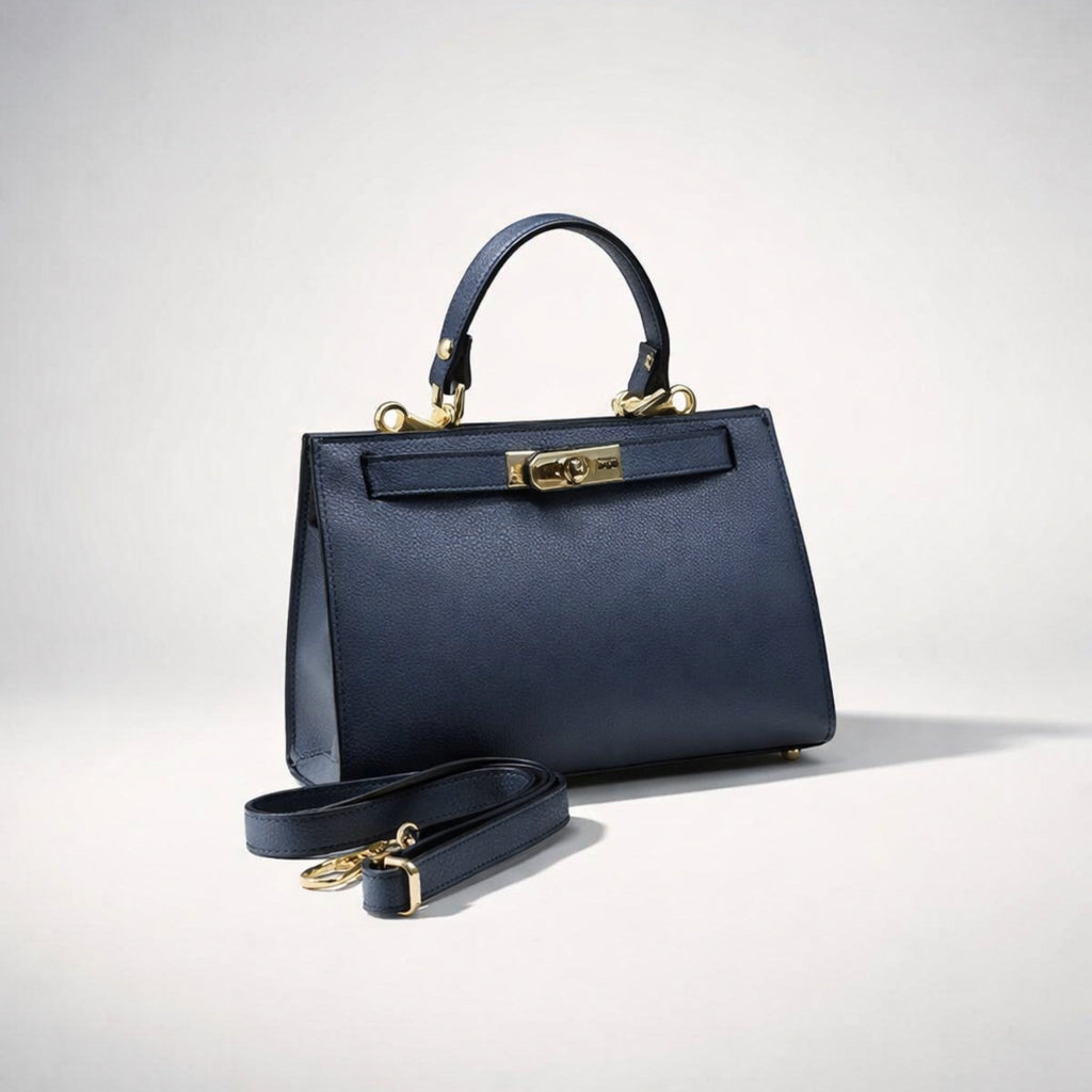 SERENA BAG BLU NAVY – Borsa a Mano in Vera Pelle Beige Elegante con Dettagli Oro