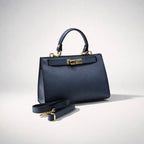 SERENA BAG BLU NAVY – Borsa a Mano in Vera Pelle Beige Elegante con Dettagli Oro