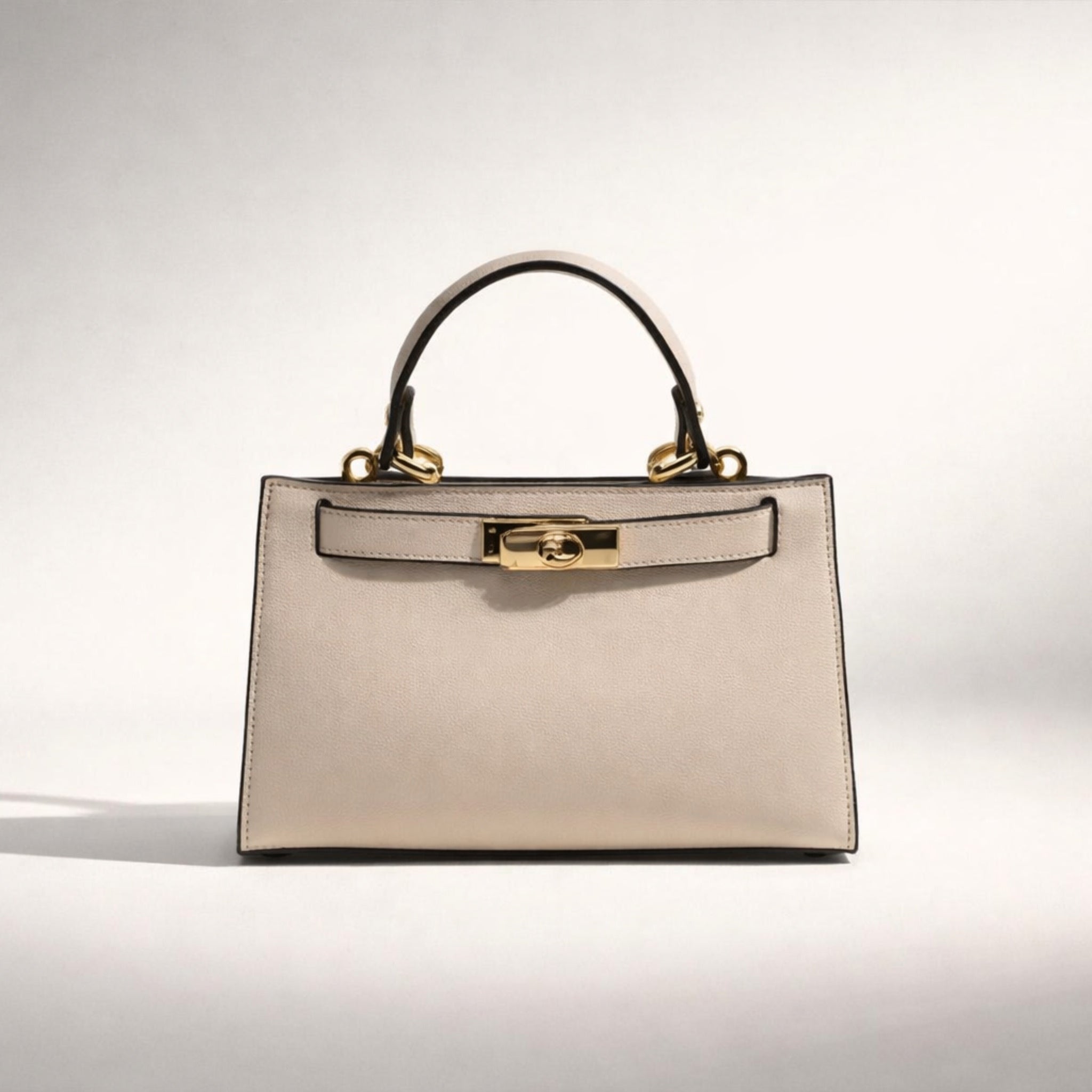 SERENA BAG – Borsa a Mano in Vera Pelle Beige Elegante con Dettagli Oro