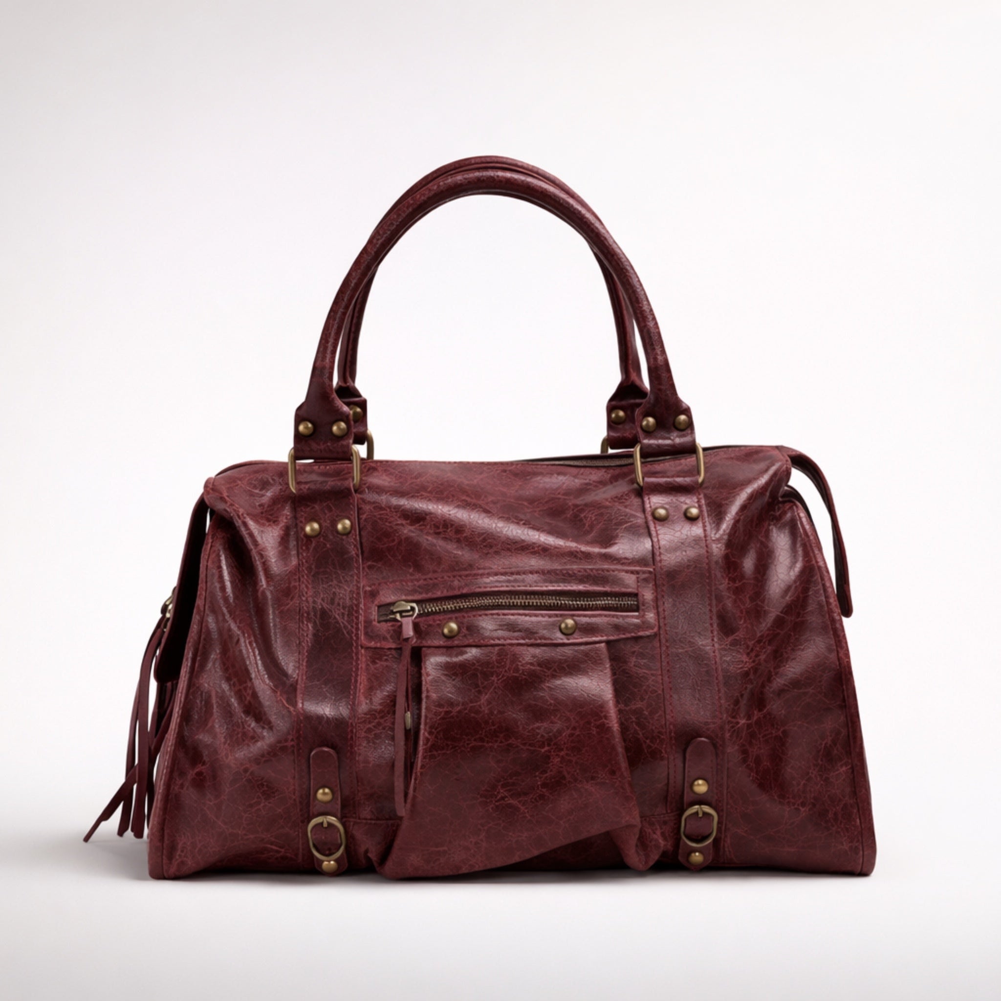 CLAUDIA BAG GRANDE BORDOUX – Borsa in Vera Pelle Vintage con Borchie e Dettagli Oro