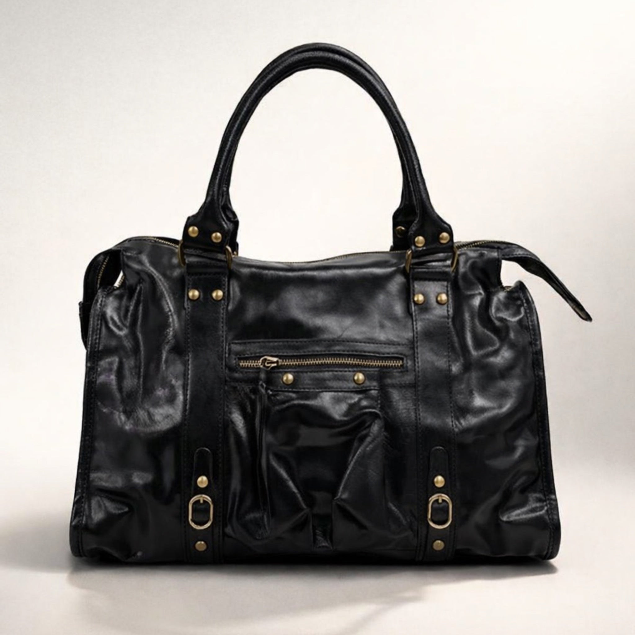 CLAUDIA BAG GRANDE  NERA – Borsa in Vera Pelle Vintage con Borchie e Dettagli Oro