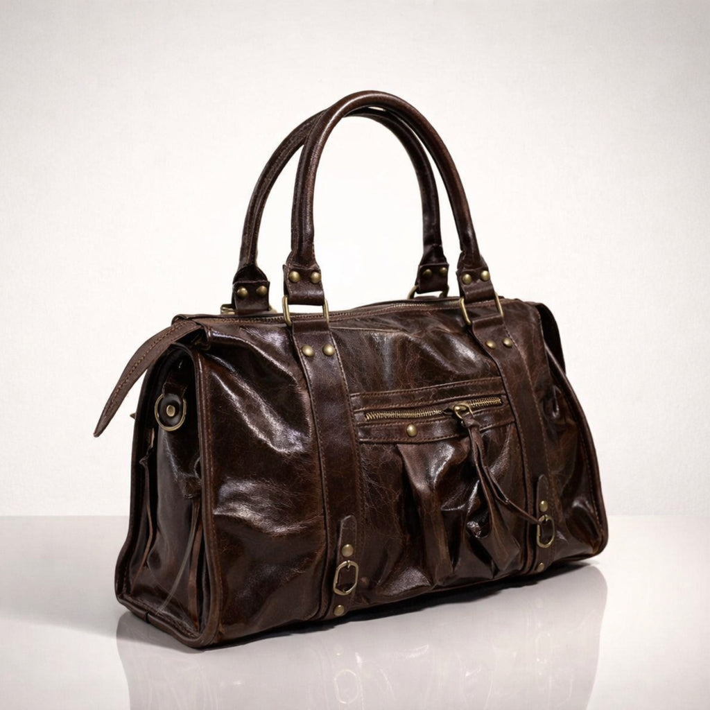 CLAUDIA BAG MARRONE GRANDE – Borsa in Vera Pelle Vintage con Borchie e Dettagli Oro