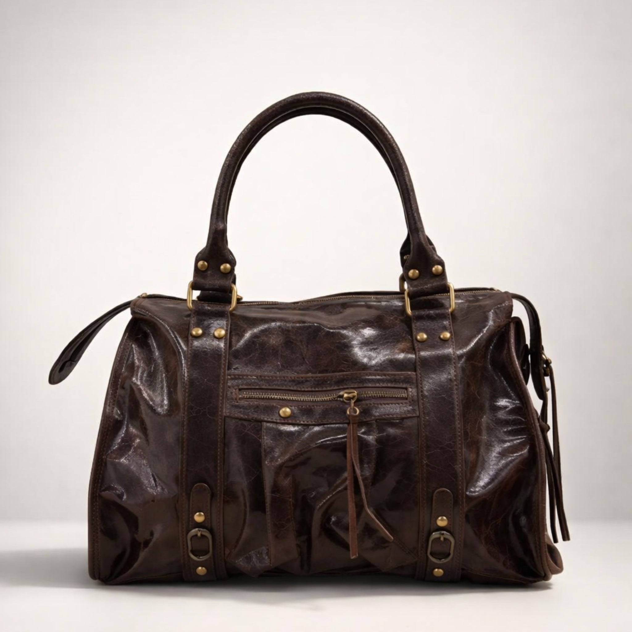 CLAUDIA BAG MARRONE GRANDE – Borsa in Vera Pelle Vintage con Borchie e Dettagli Oro