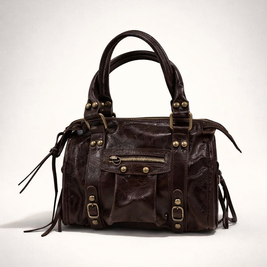 CLAUDIA BAG PICCOLA MARRONE – Borsa in Vera Pelle Vintage con Borchie e Dettagli Oro