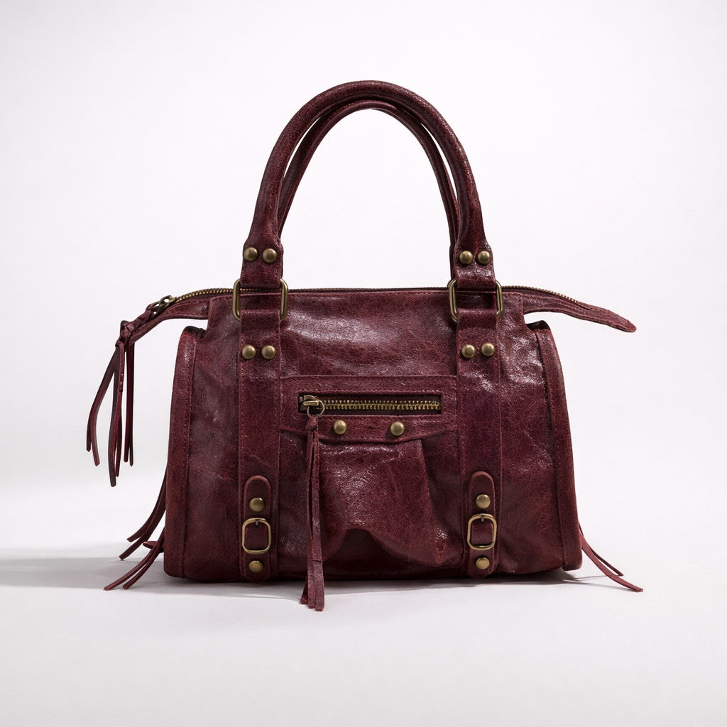 CLAUDIA BAG PICCOLA BORDOUX – Borsa in Vera Pelle Vintage con Borchie e Dettagli Oro