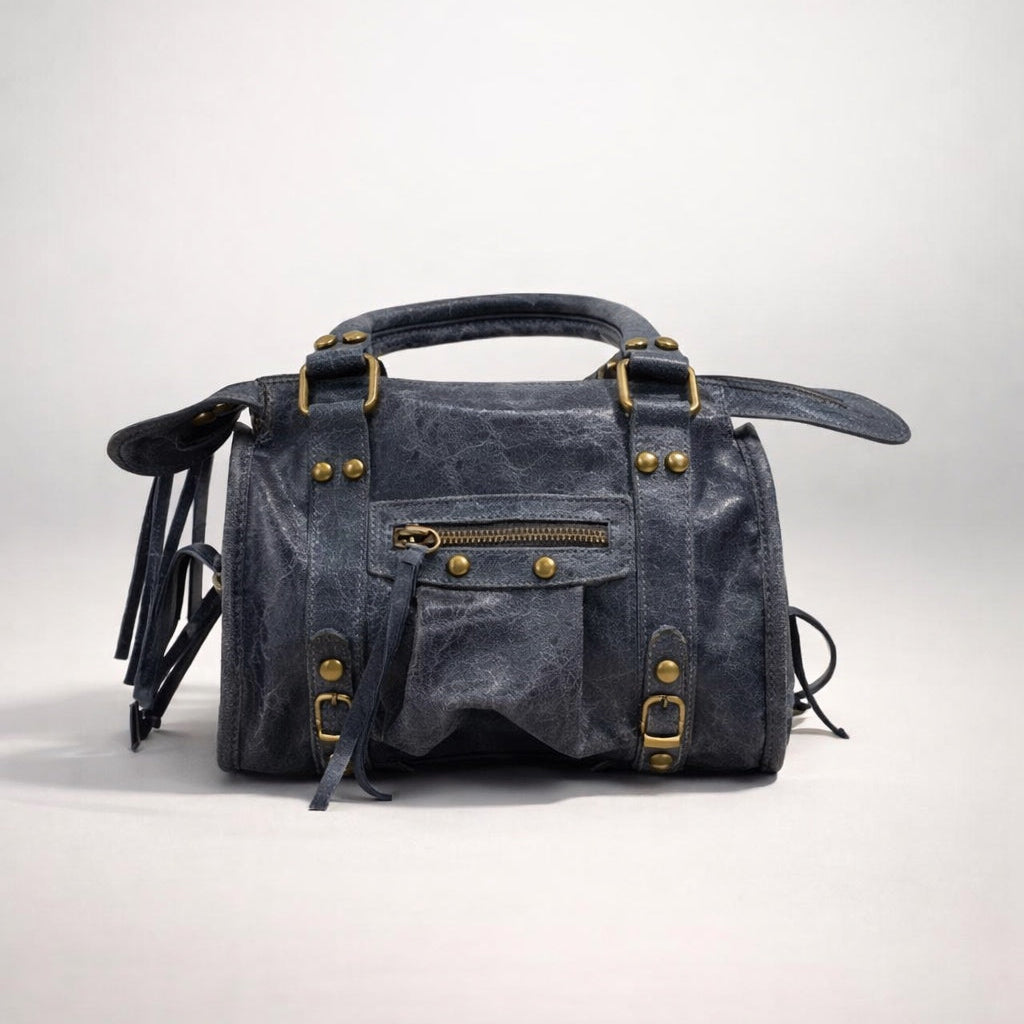 CLAUDIA BAG PICCOLA BLU – Borsa in Vera Pelle Vintage con Borchie e Dettagli Oro