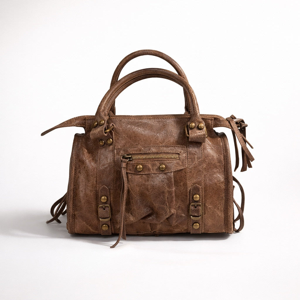 CLAUDIA BAG PICCOLA TORTORA – Borsa in Vera Pelle Vintage con Borchie e Dettagli Oro