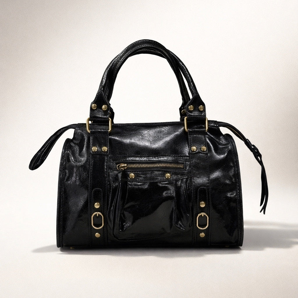 CLAUDIA BAG MEDIA NERA– Borsa in Vera Pelle Vintage con Borchie e Dettagli Oro