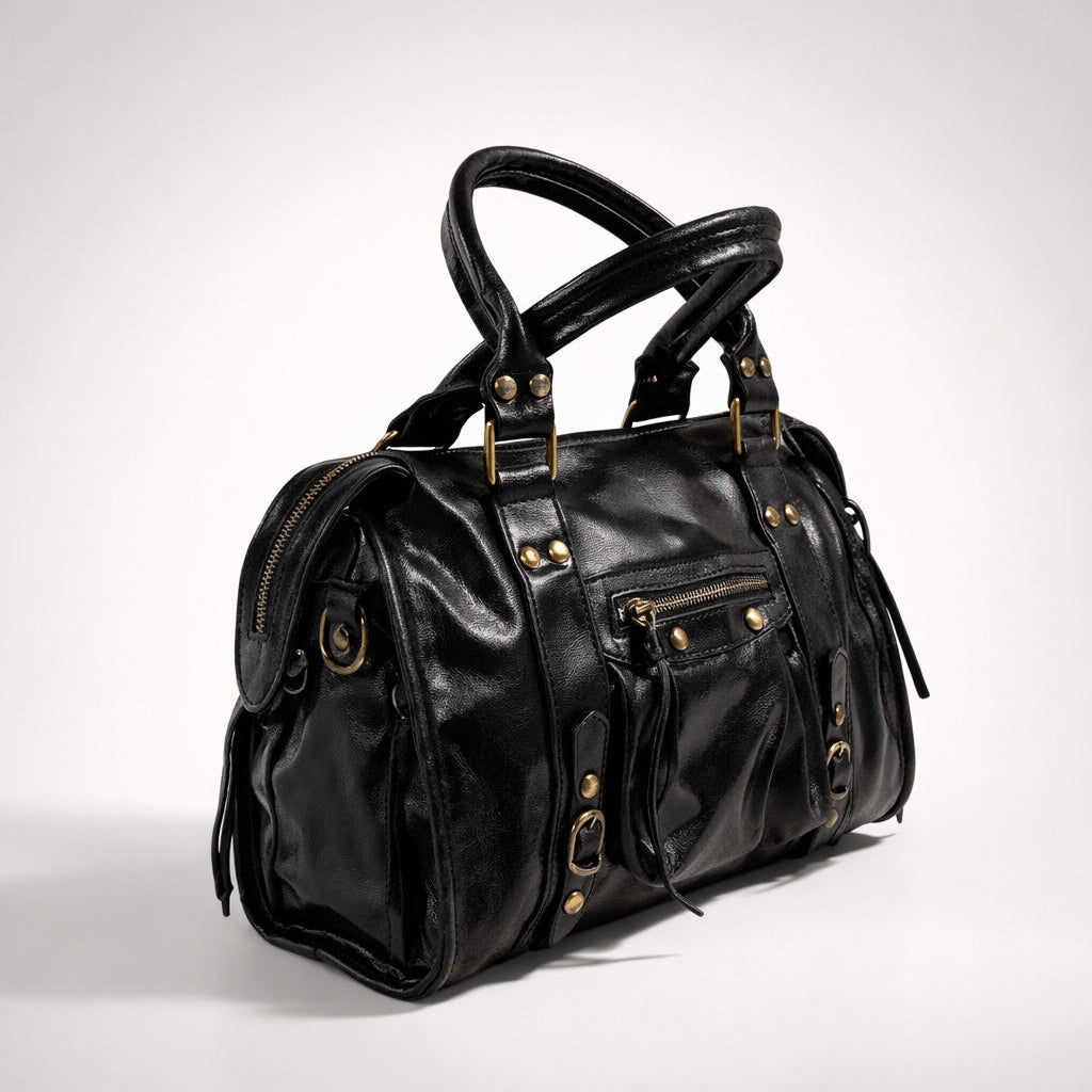 CLAUDIA BAG MEDIA NERA– Borsa in Vera Pelle Vintage con Borchie e Dettagli Oro