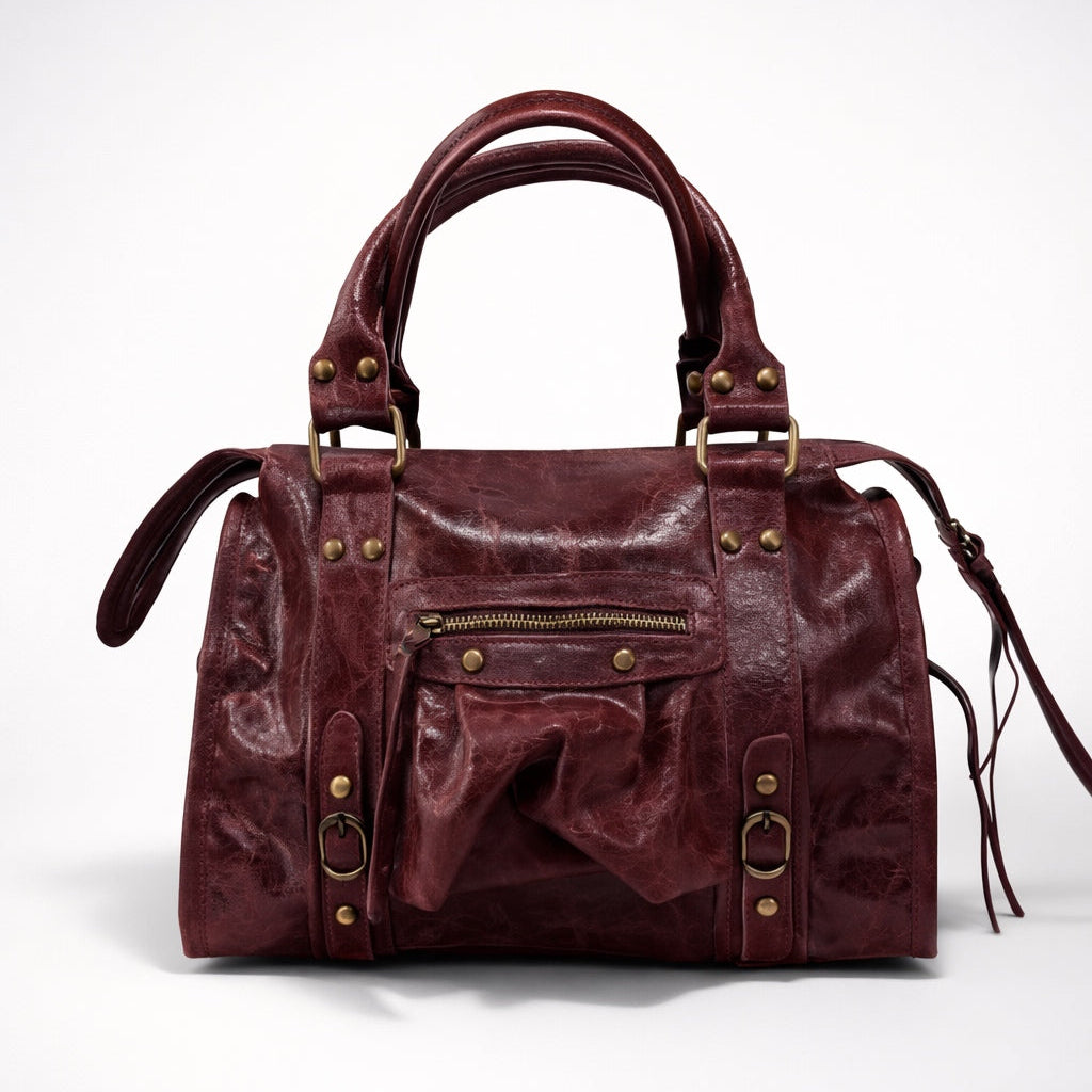 CLAUDIA BAG MEDIA  BORDOUX– Borsa in Vera Pelle Vintage con Borchie e Dettagli Oro