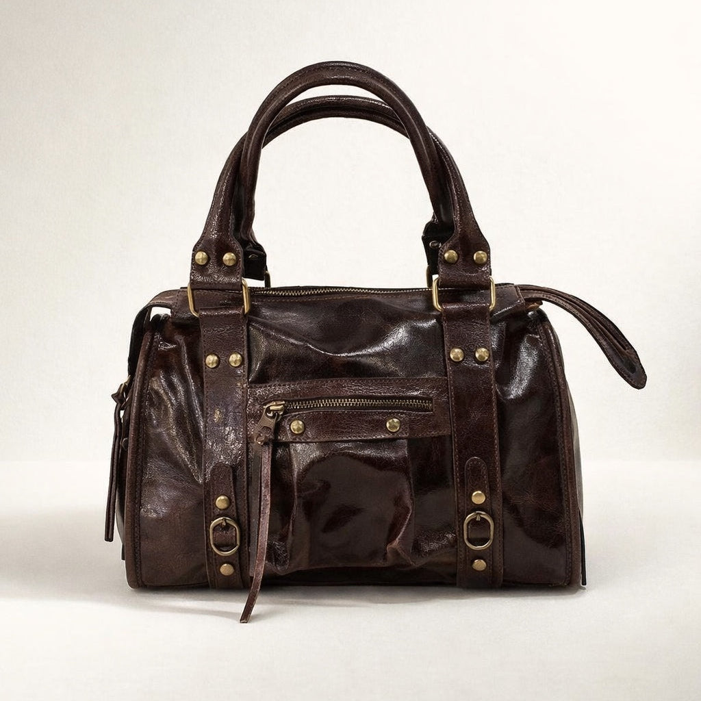 CLAUDIA BAG MEDIA MARRONE– Borsa in Vera Pelle Vintage con Borchie e Dettagli Oro