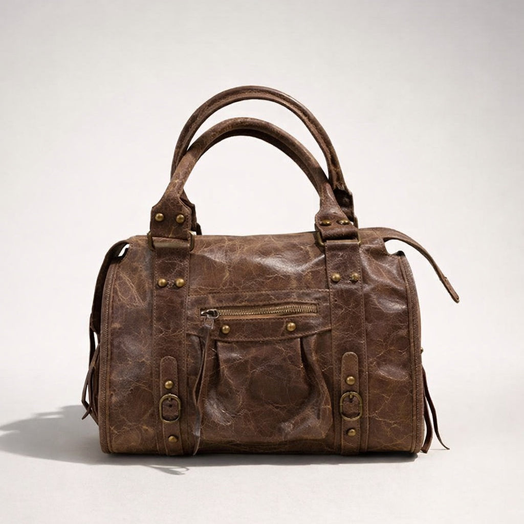 CLAUDIA BAG MEDIA TORTORA– Borsa in Vera Pelle Vintage con Borchie e Dettagli Oro